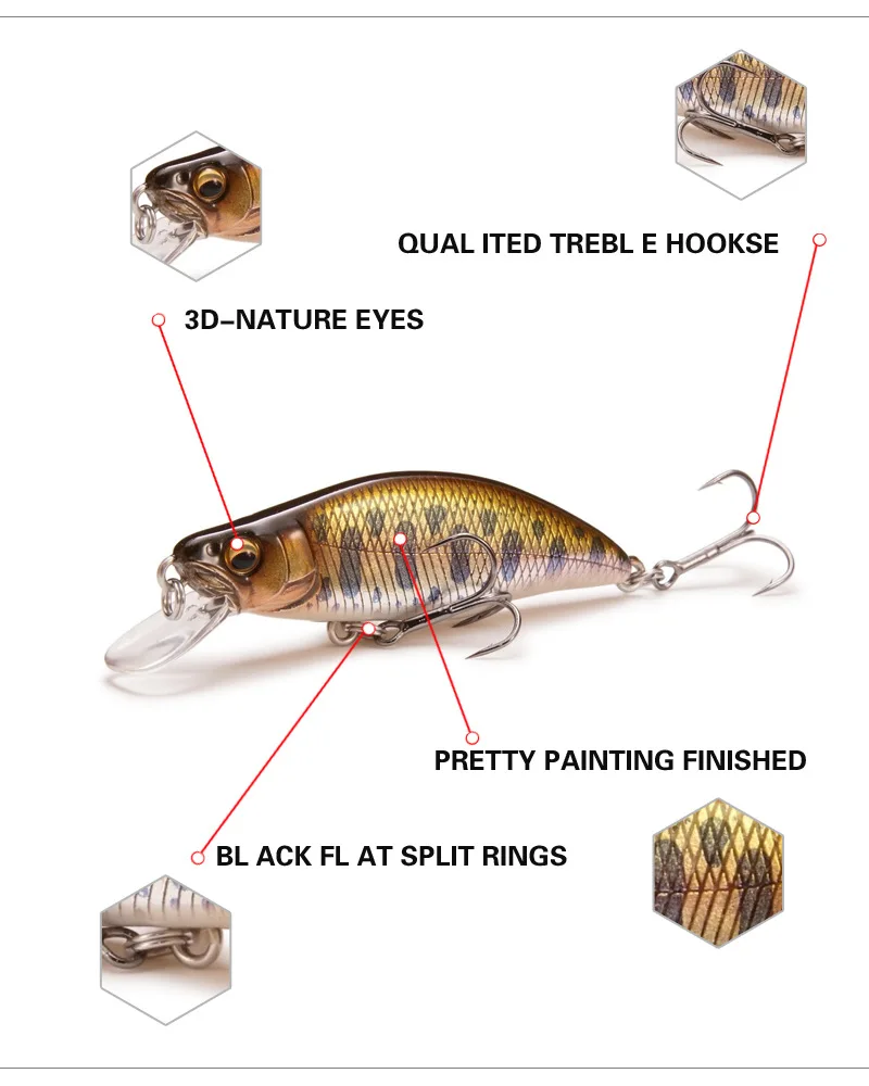Señuelo de pesca de pececillo hundido, cebo duro Crankbait de alta calidad, diseño japonés, 51mm, 4,2g, para perca, Lucio, trucha, lubina, 1 unidad - imagen 4