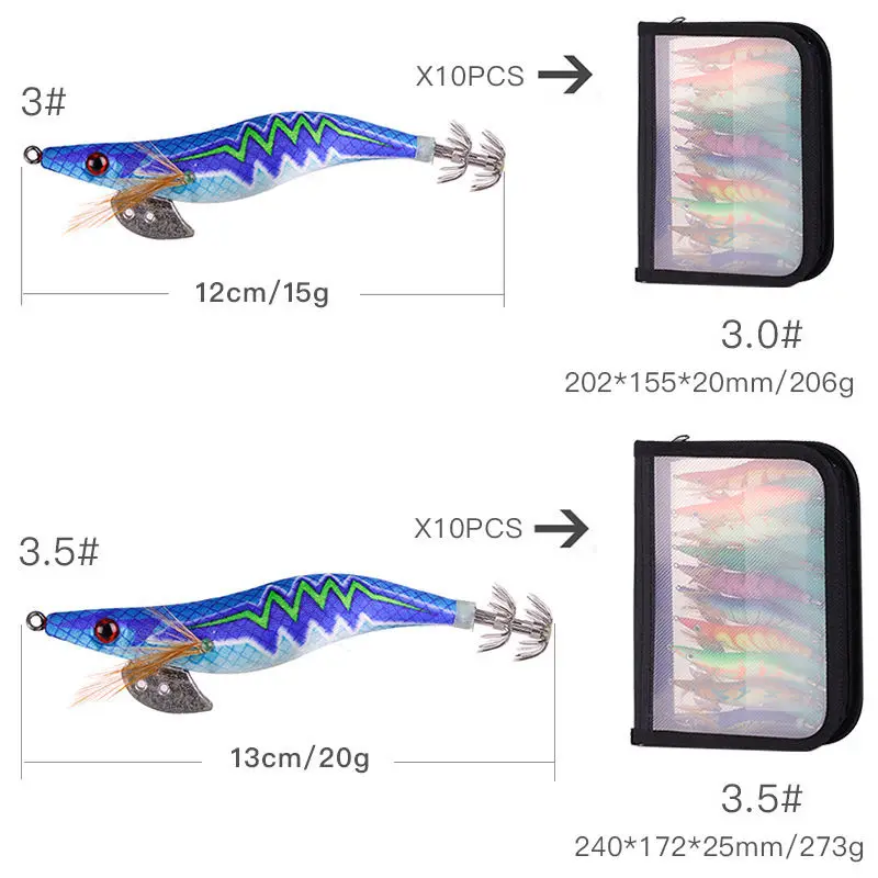 WEIHE 10 unids/lote señuelo de pesca duro anzuelo de calamar 3,0 # 3.5 # Cebo de pesca de camarones, pulpo, sepia, Wobbler luminoso - imagen 4