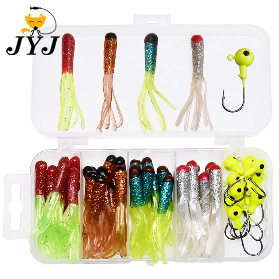 JYJ-Juego de Señuelos de Pesca de sílice, 50 piezas, 5cm, gusano de tubo suave con anzuelo de cabeza de plantilla de 3,5g, cebo de falda para lubina y perca