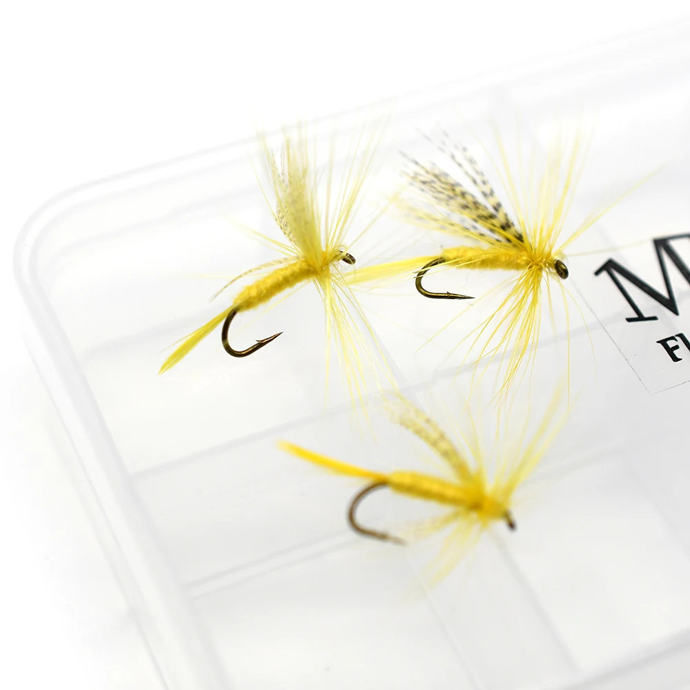MNFT 10PCS 12 #   Cuerpo amarillo pluma brillante moscas de pesca con mosca anzuelo de púas cebo de insectos artificiales - imagen 4