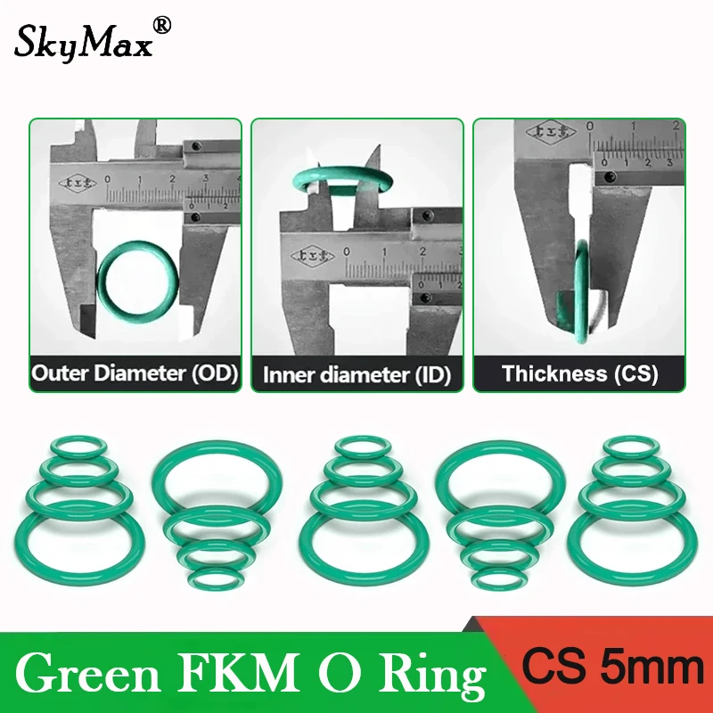 Junta tórica FKM verde CS 5mm OD 16mm ~ 100mm arandela de sellado aislada de caucho de flúor resistente al calor resistente al aceite ácido alcaloide