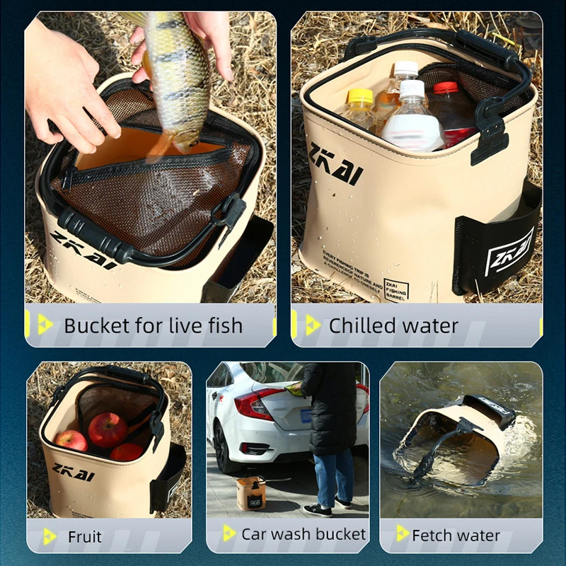 Cubo de pesca plegable y portátil, cubo para peces vivos, EVA para exteriores con cuerda, cubo de agua para pesca salvaje, cubo doméstico - imagen 3