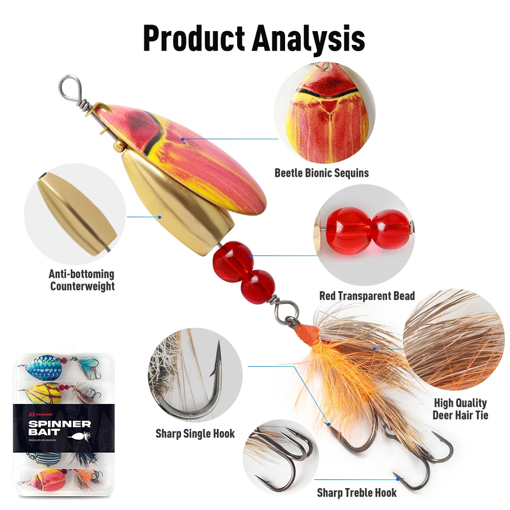 Kingdom Spinner Bait 5 unids/caja cuchara de Metal con anzuelo triple de plumas cebo de lentejuelas de Metal giratorio señuelo de pesca de Lucio Artificial - imagen 3