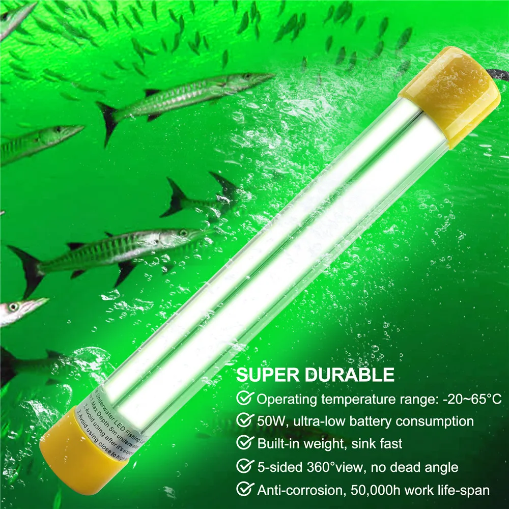 Luz LED verde sumergible para pesca submarina, 50W, Crappie Shad, barco, lámpara buscador de pesca nocturna, luz de caída profunda, Cable de 5M - imagen 5