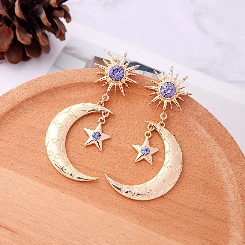 Nueva moda sol estrella Luna gota pendientes mujeres púrpura circón cúbico danza Bohemia hecho a mano cristal Luna estrella gota cuelga pendiente