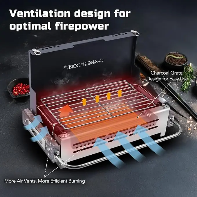 CHANGE MOORE-parrilla de carbón para barbacoa, estufa de acero inoxidable 304 para acampar al aire libre, estufas de Picnic ligeras y portátiles para acampar y jardín - imagen 4