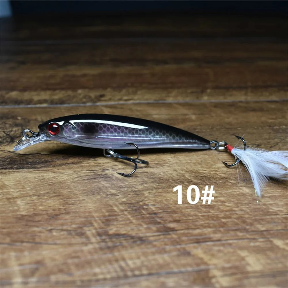 10 Uds. Señuelo de pesca de pececillo biónico con ojos 3D láser 90mm 7g cebo duro Artificial con anzuelo triple de plumas cebo de pesca - imagen 4