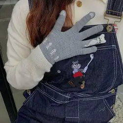 Nuevos guantes de invierno de gatos de dibujos animados, guantes cálidos y gruesos de punto, guantes de dedo completo a prueba de viento para pantalla táctil, Otoño Invierno