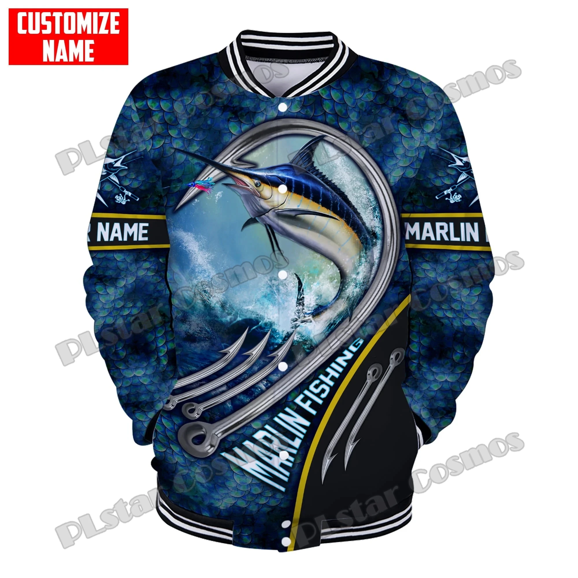 Chaqueta Bomber de pesca de lubina a rayas con nombre personalizado impreso en 3D para hombre, chaqueta de béisbol cálida informal Unisex para invierno FX19 - imagen 2