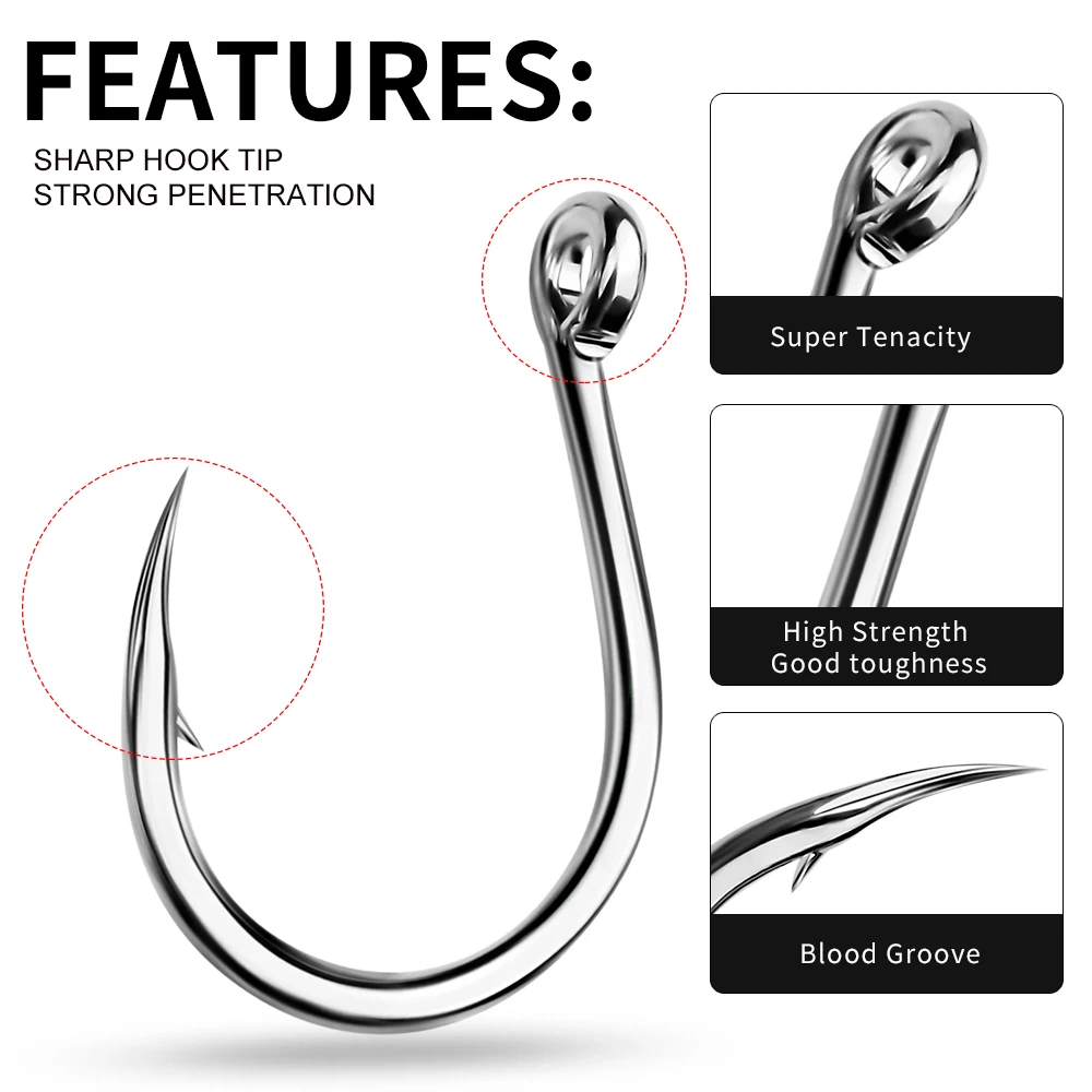 PROBEROS 10PCS Anzuelos de pesca 1/0-2/0-3/0-4/0-5/0 # Anzuelos Jig Big Eye, anzuelo único con púas de Color estaño, Peche de acero rico en carbono - imagen 4