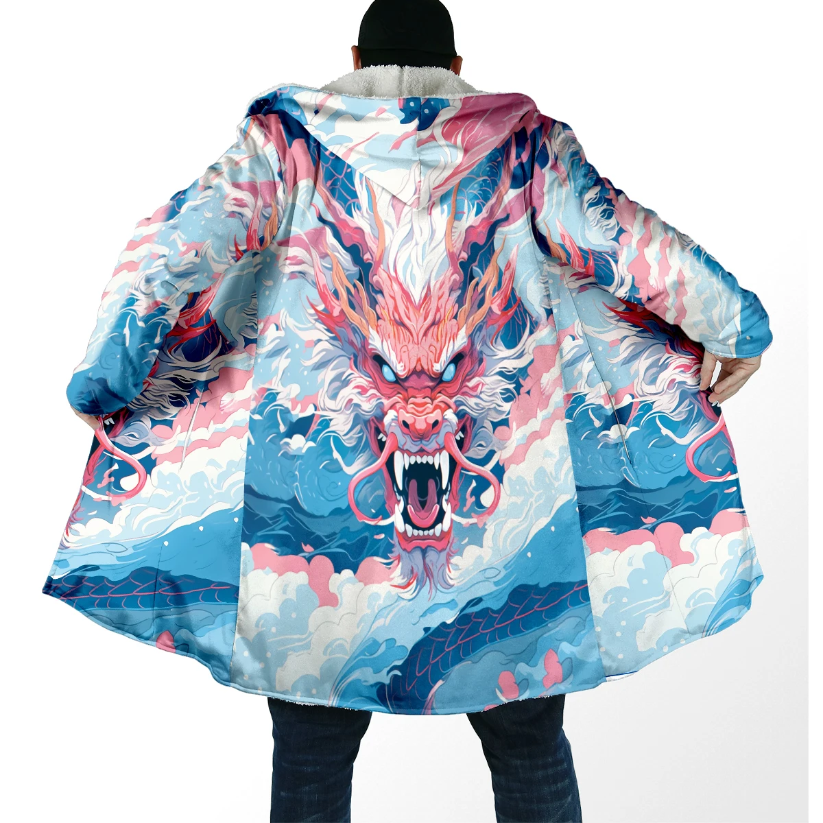 2025 capa de moda de invierno para hombre, capa con capucha de lana gruesa con estampado 3D de dragón Animal, capa cálida informal Unisex DP93 - imagen 2