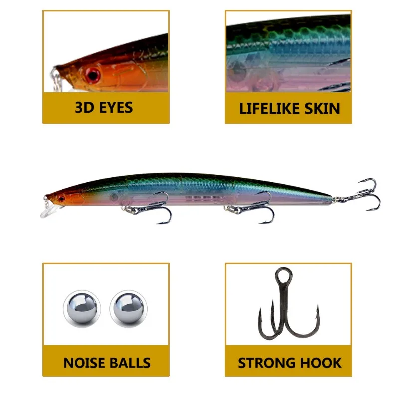 Señuelo de Pesca de Mar Big Long Fish Minnow, ojos 3D, anzuelos fuertes señuelos para pesca en el mar, superventas, 18cm, 24g, 1 pieza - imagen 3