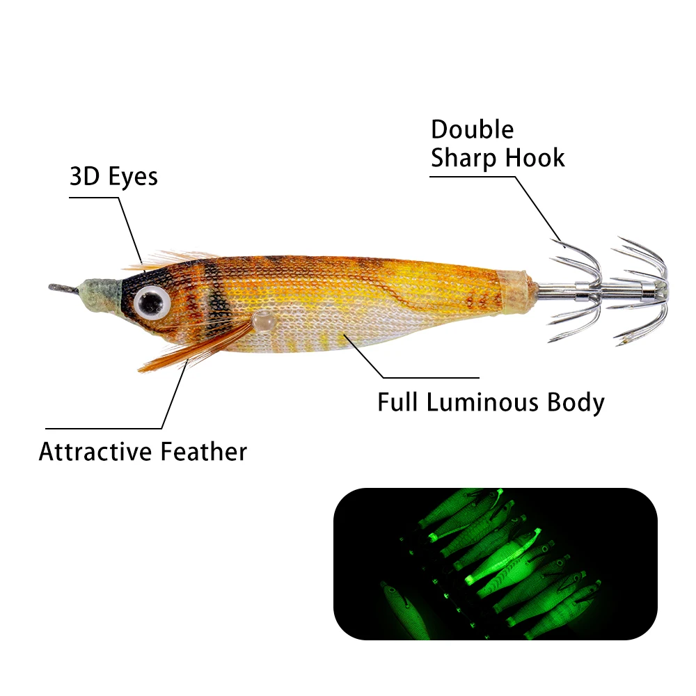 10 unids/set luminoso Horizontal calamar Jig madera camarones calamar gancho afilado señuelos pulpo sepia camarones cebos de agua salada - imagen 3