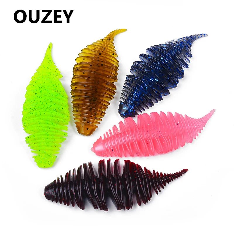 OUZEY-señuelos blandos artificiales, 5 uds./75mm, Tanta, gusano de pesca, Lucio de silicona, calamar, pececillo, Swimbait, Jigging, cebos de plástico
