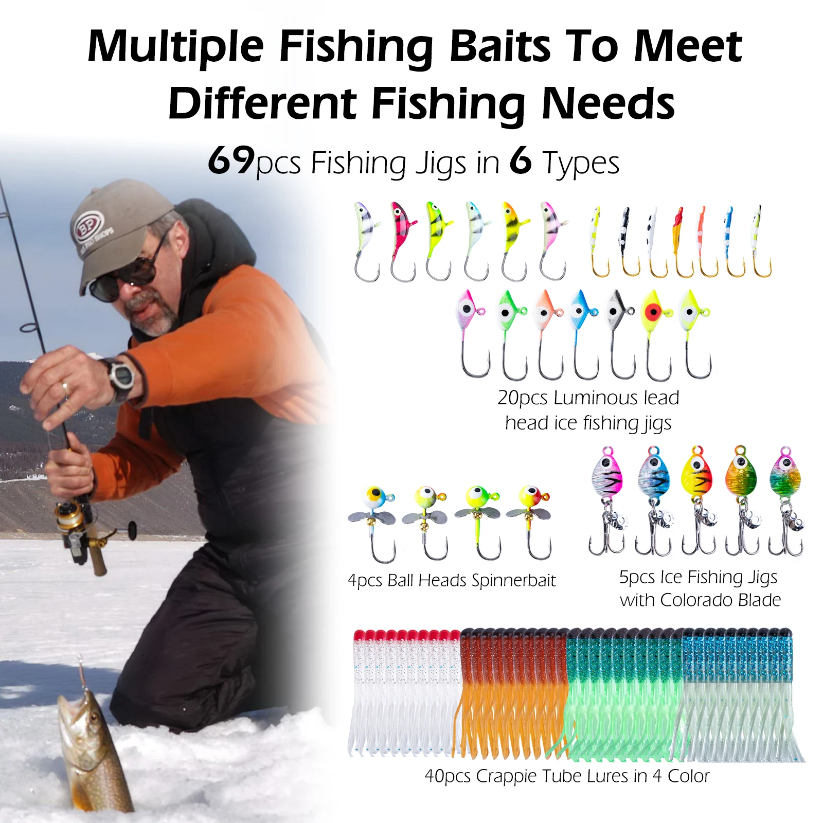 Juego de Señuelos de Pesca en Hielo Goture - Señuelos Luminosos Brillantes, Señuelos Duros, Señuelos Giratorios, Señuelos Blandos, Anzuelos Afilados, Caja de Aparejos, Equipo Profesional