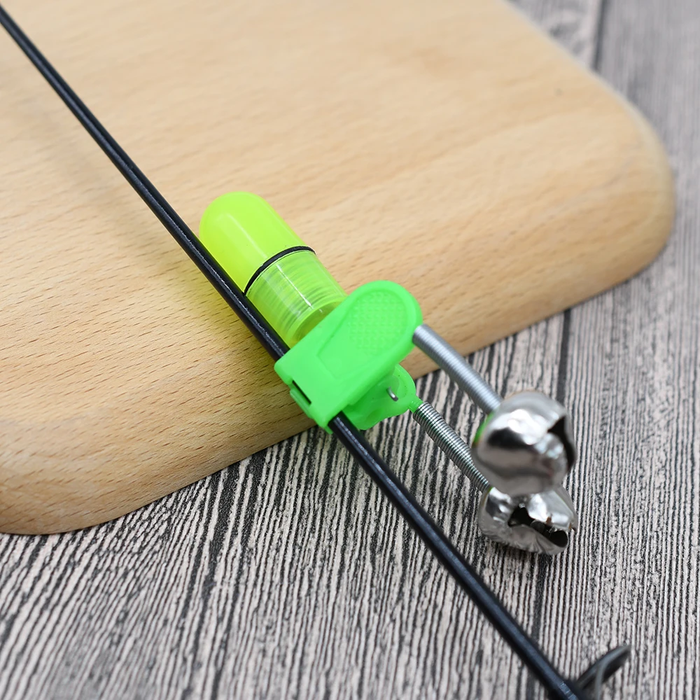 MNFT-Juego de 5 luces LED de noche para caña de pescar, luz de alarma de cebo de mordida con anillo de campanas gemelas, indicador de alarma de mordida de pesca en caña de pescar - imagen 3