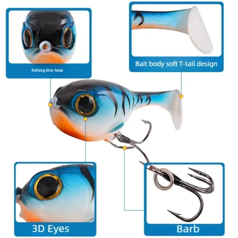 Wondersee 60mm 9,7g 3D cebos blandos tipo delfín con anzuelos triples cola en T ojos de pez 3D señuelo de pesca cebo elástico vivo al por mayor - imagen 2