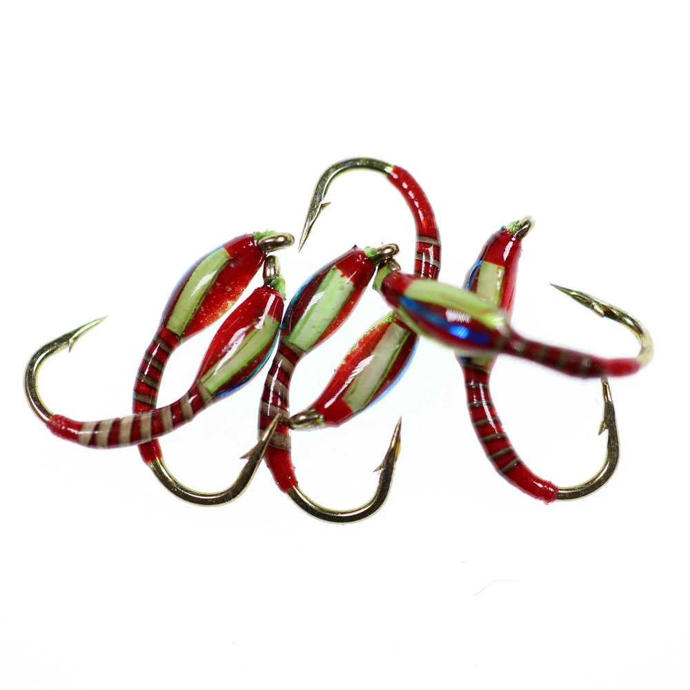 6 piezas # 10 # 12 # 14 # 16 Herl de pavo real acanalado Color rojo cuerpo recubierto de rasín azul Flash espalda amarillo mejilla Buzzers ninfa moscas de pesca - imagen 5