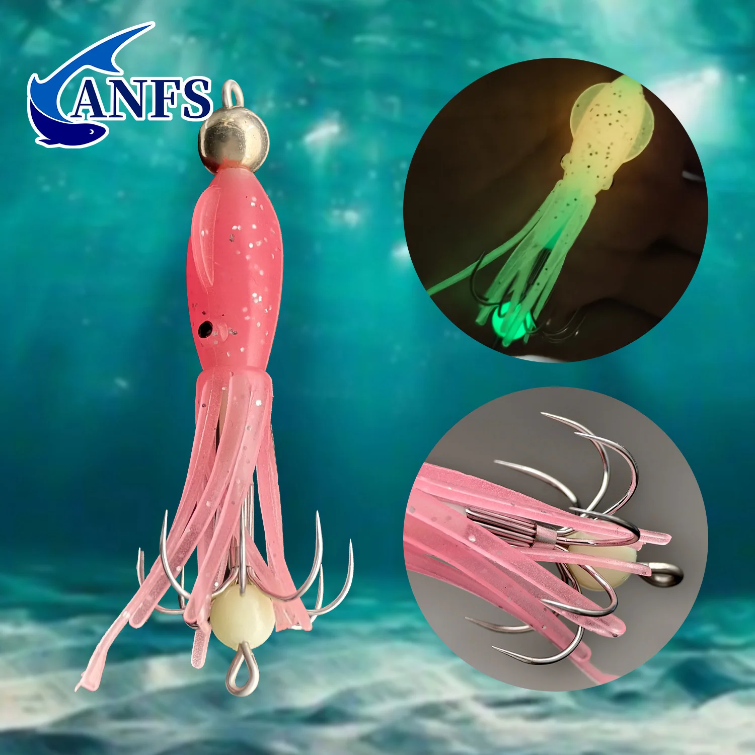 ANFS-cebo luminoso con anzuelo de calamar con caja, cebo suave que brilla en la oscuridad para pesca en el mar, plantillas de calamar suaves para una captura mejorada, 4 Uds. - imagen 5