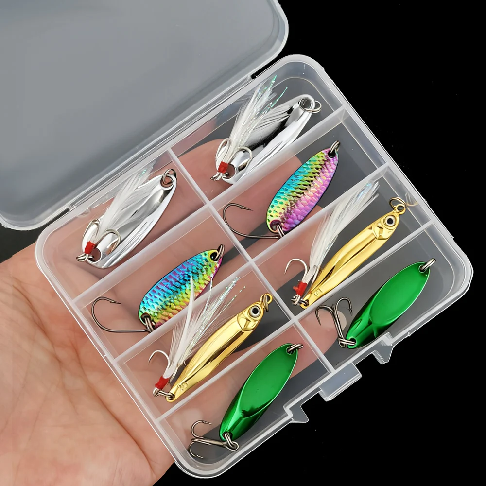 Aorace 8 Uds 5/7/10g Señuelos de pesca con cuchara vib de Metal-anzuelos de pesca duraderos para equipo de pesca de agua dulce y salada
