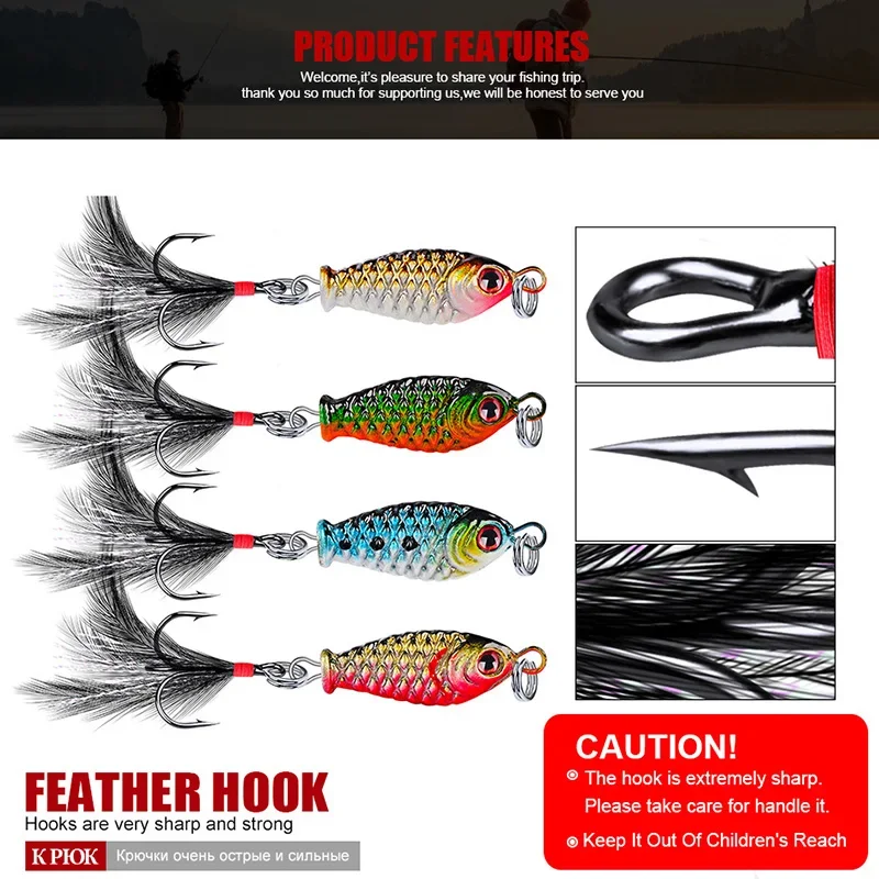 4 unids/set Señuelos de pesca con plantilla de Metal 3cm 4,8g cuchara vibratoria cebo duro Artificial con anzuelo de plumas para aparejos de pesca de lubina y trucha - imagen 3
