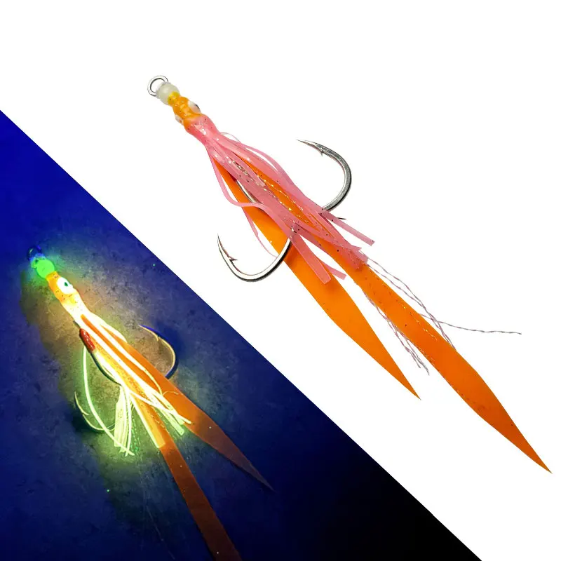10 unids/lote falda de silicona anzuelo de pesca anzuelos de asistencia brillante con faldas de calamar Lumious Slow Jig accesorios de pesca de mar - imagen 2