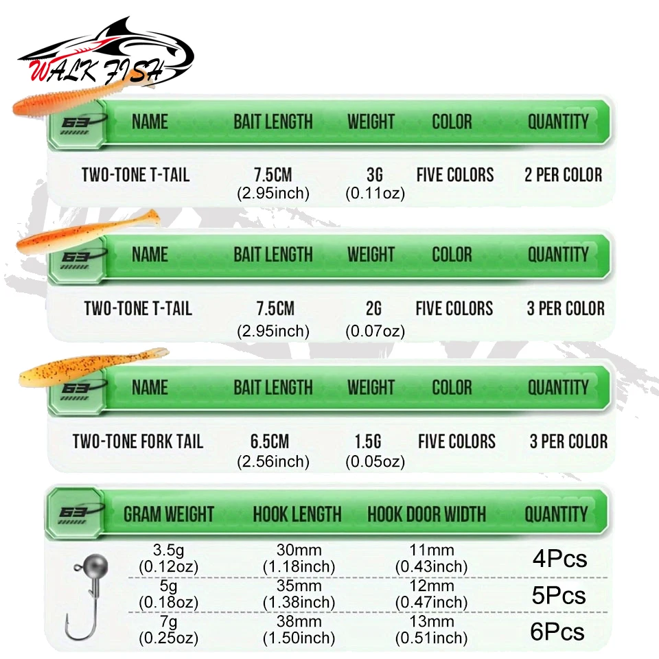 WALK FISH-contenedor de cebo de pesca portátil, caja de señuelos de pesca de doble cara con cebos blandos, anzuelos afilados, 63 piezas - imagen 3