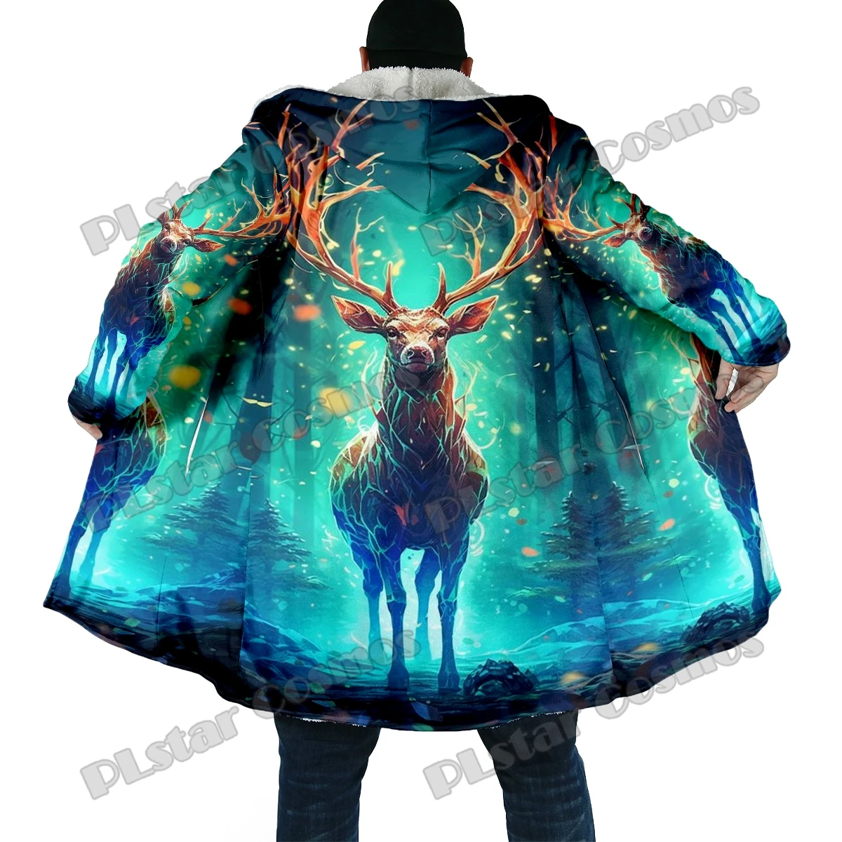Capa de invierno a la moda para hombre, capa con capucha de lana gruesa con estampado 3D de unicornio y alces, capa cálida informal Unisex DP38 - imagen 5