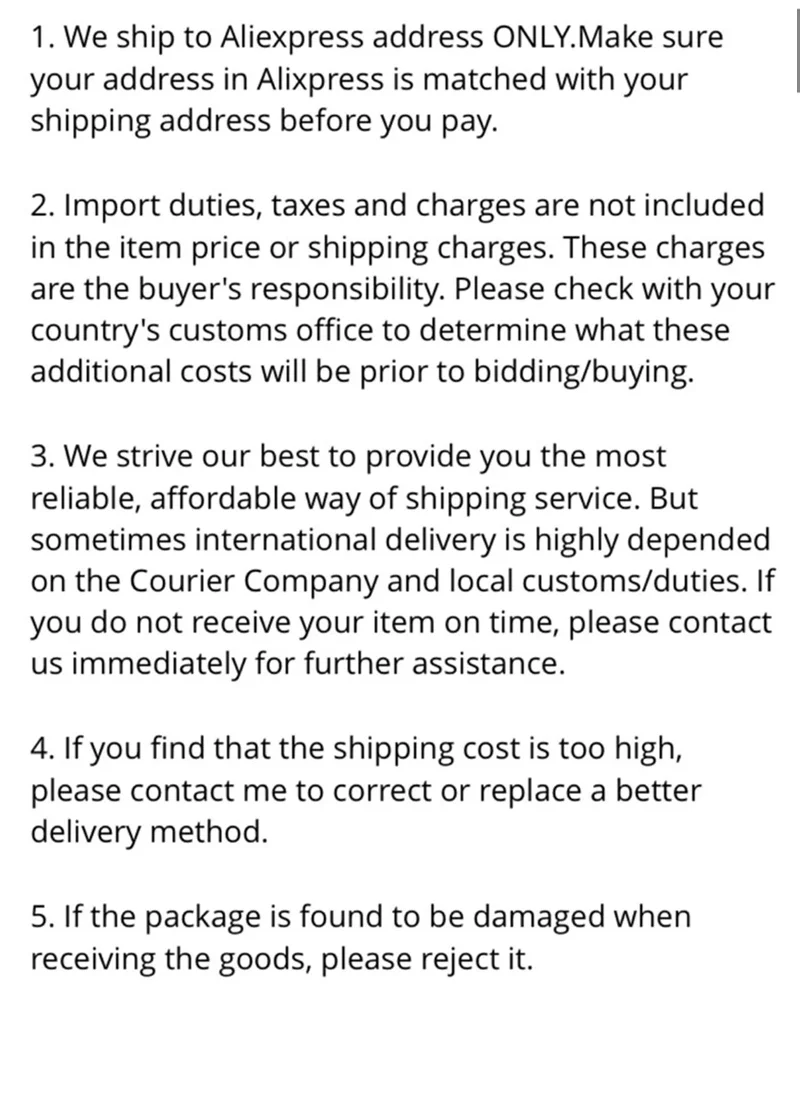 Asegure direcciones de envío precisas y verifique costos adicionales con la oficina de aduanas de su país para una experiencia de entrega sin problemas y confiables