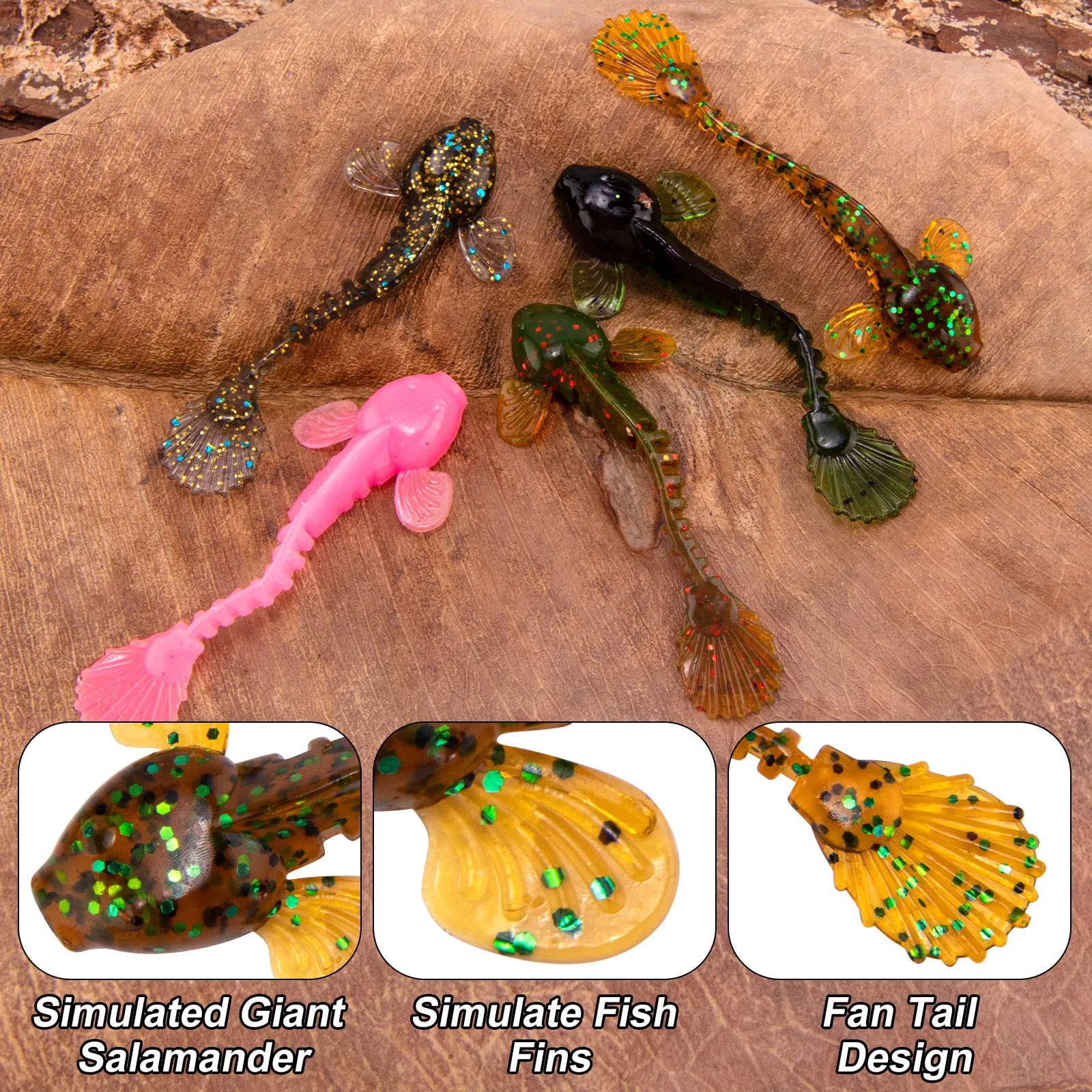 Señuelo de pesca de plástico suave, gusano suave de cola plana, 7cm, 2,1g, salamandra gigante simulada, cebo de silicona que se hunde para lubina y trucha, 16 Uds. - imagen 2