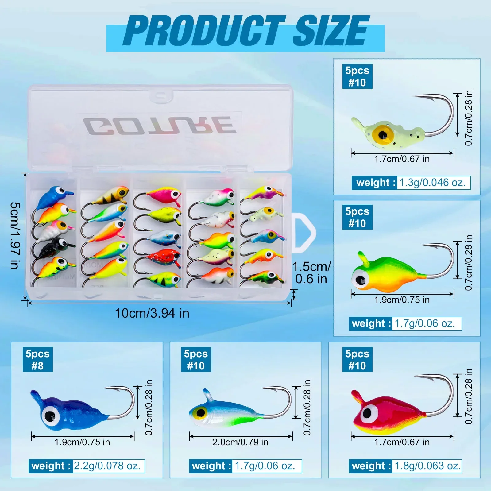 Goture-Juego de señuelos de pesca en hielo, Set de 12/25 piezas, 1,5g, 2g, luminoso, acción de natación vívida, Jig, Bonic, para invierno, con caja de aparejos - imagen 5