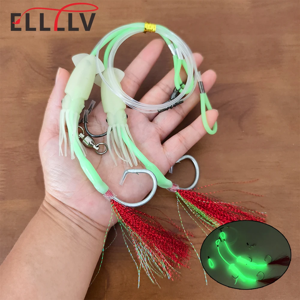 Ellllv-plataforma de 4 anzuelos para pesca en aguas profundas, mono línea de nailon fuerte, señuelo luminoso de calamar, Marlin, pargo, atún, tiburón, aparejos de pesca - imagen 2