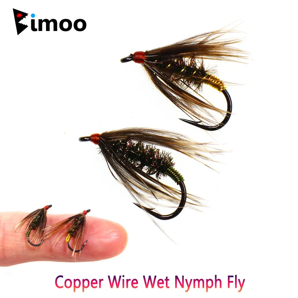Bimoo 6PCS # 12 cola de faisán, alambre de cobre suave Hackle, mosca de ninfa húmeda, cebos de insectos artificiales para trucha, lubina, señuelos de pesca