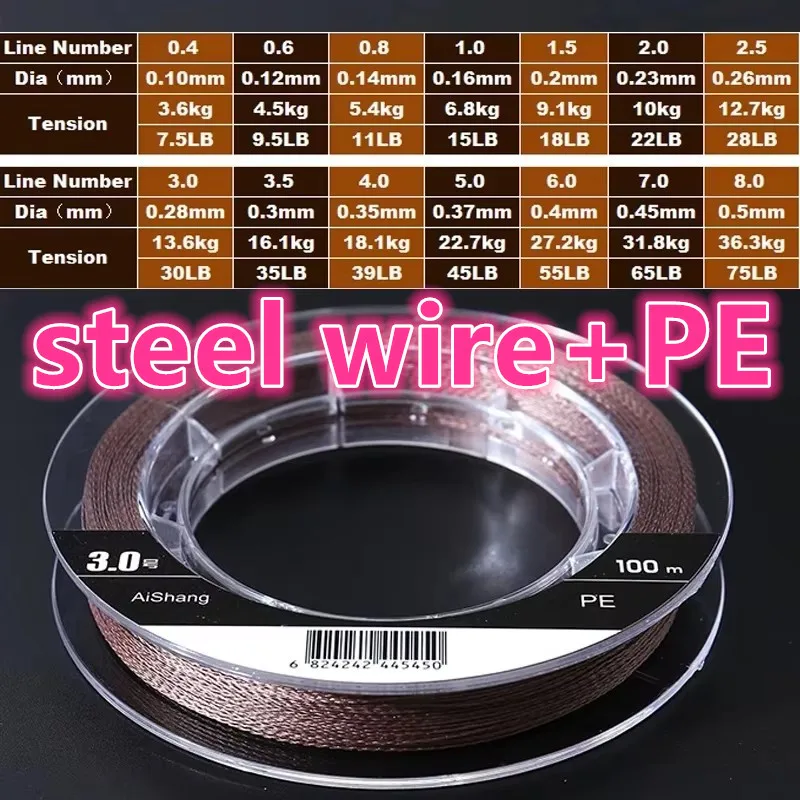 Alambre de acero trenzado de 4 hebras en el interior, multifilamento de PE, aparejos de pesca súper fuertes para pesca en barco, línea de alambre de acero