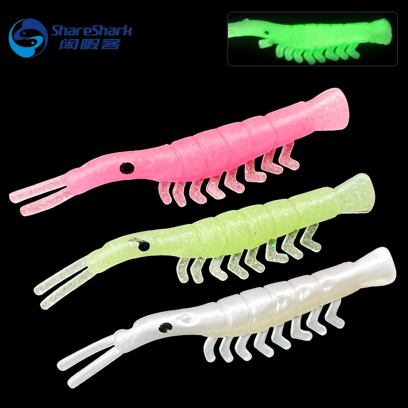 50 Uds. Señuelos de pesca de camarones suaves, cebo de goma Artificial que brilla, cebo de gusano de camarón pequeño, señuelo de pesca para lubina, pez, trucha