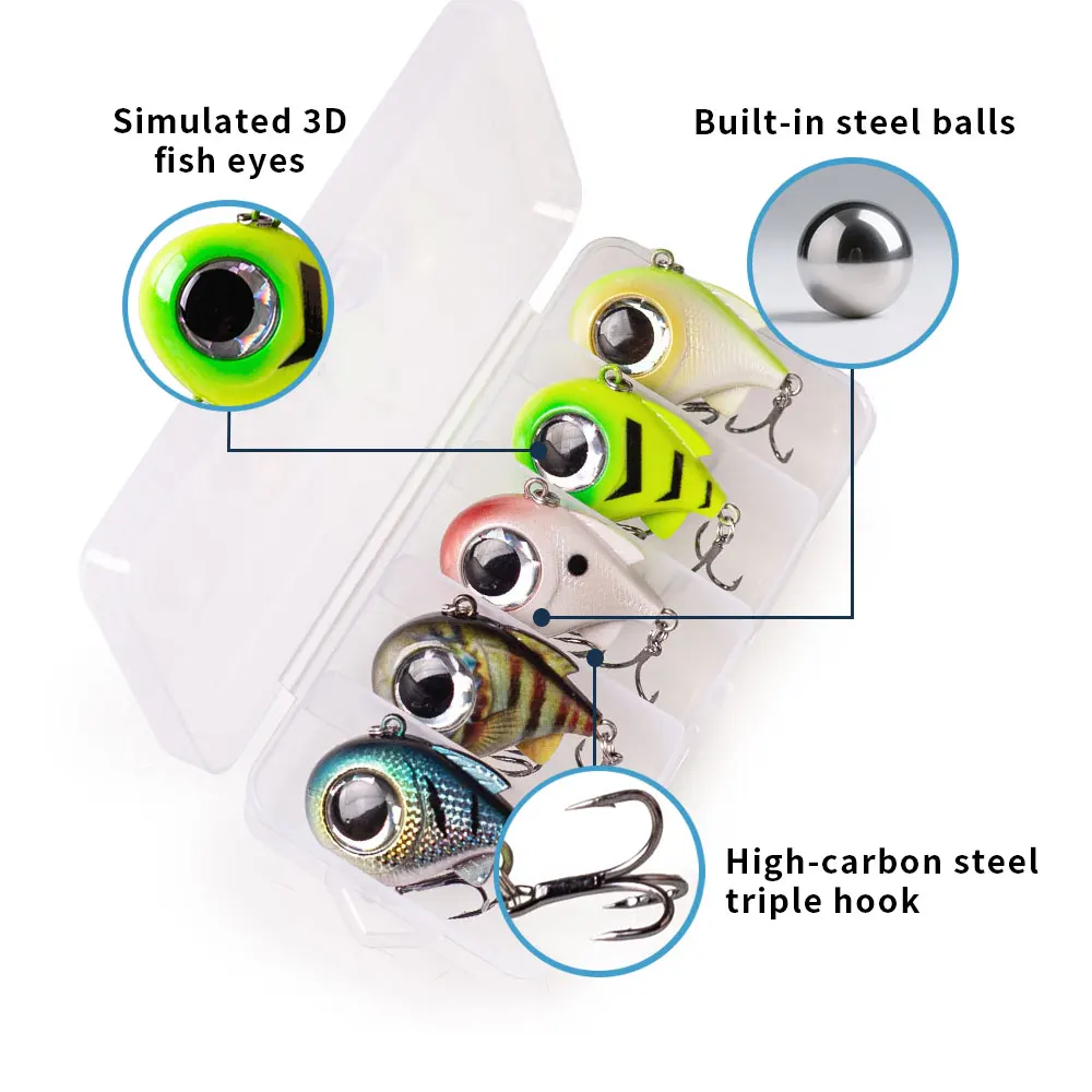Haanlin 5 unids/caja ojos grandes VIB 4 cm/1,57 pulgadas/8,5g Señuelos de Pesca hundimiento vibración sonajero bola cebos duros artificiales aparejos de lubina - imagen 3