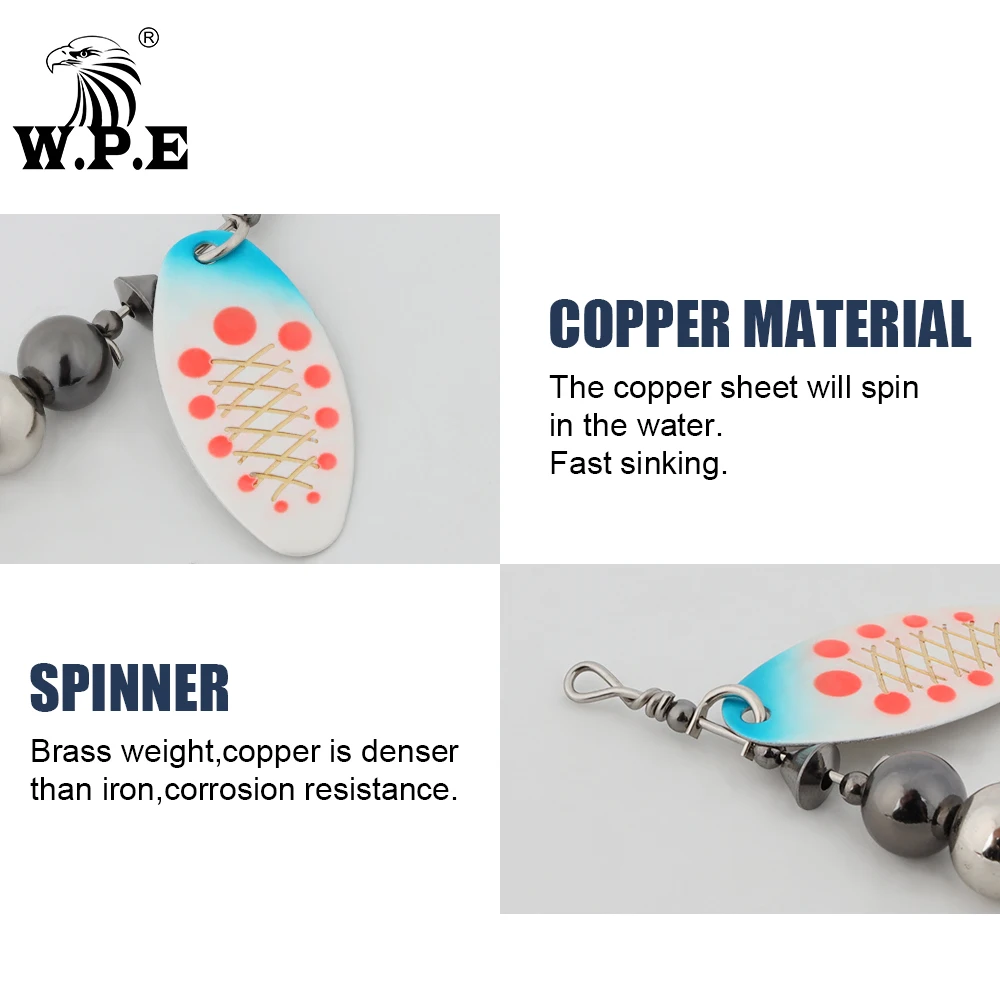 W.P.E-señuelo de Pesca giratorio, 6g/8g/11g, cuchara de latón, anzuelo triple de Metal, cebo duro, señuelo de lubina, aparejos de Pesca falsos, 1 Uds. - imagen 5