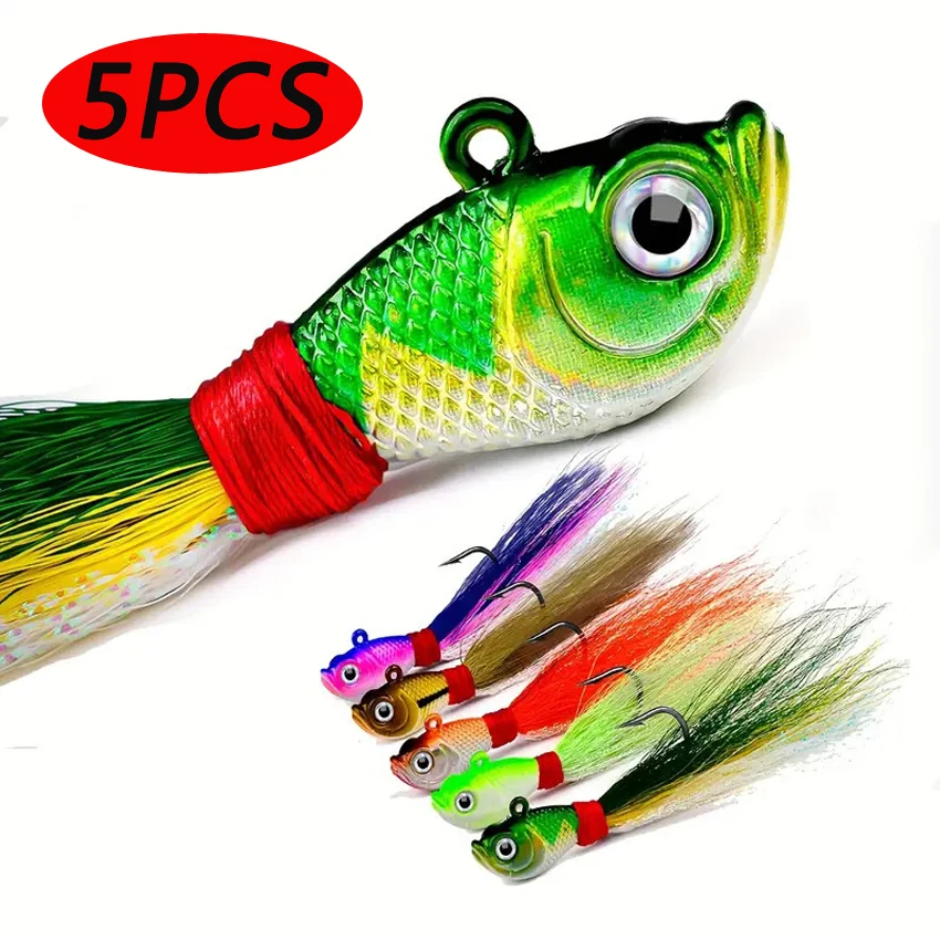 5pcs Bucktail Jigs Head Hook 3D Eyes Bait 7g 14g 28g 56g Deer Hair Feather Hook Beard Jigging Lure Fishing