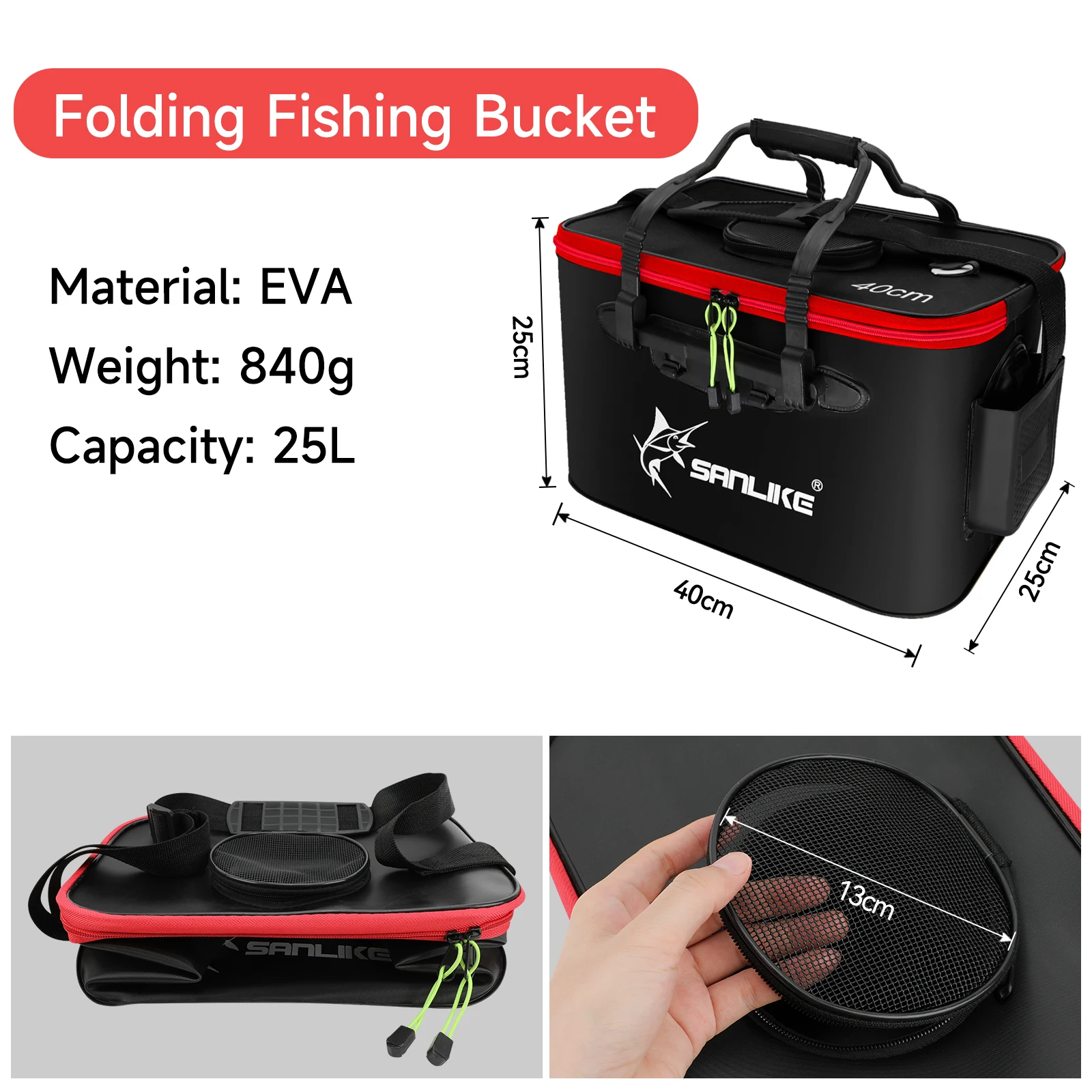 Cubo portátil EVA negro para peces vivos con cremallera transpirable - imagen 2
