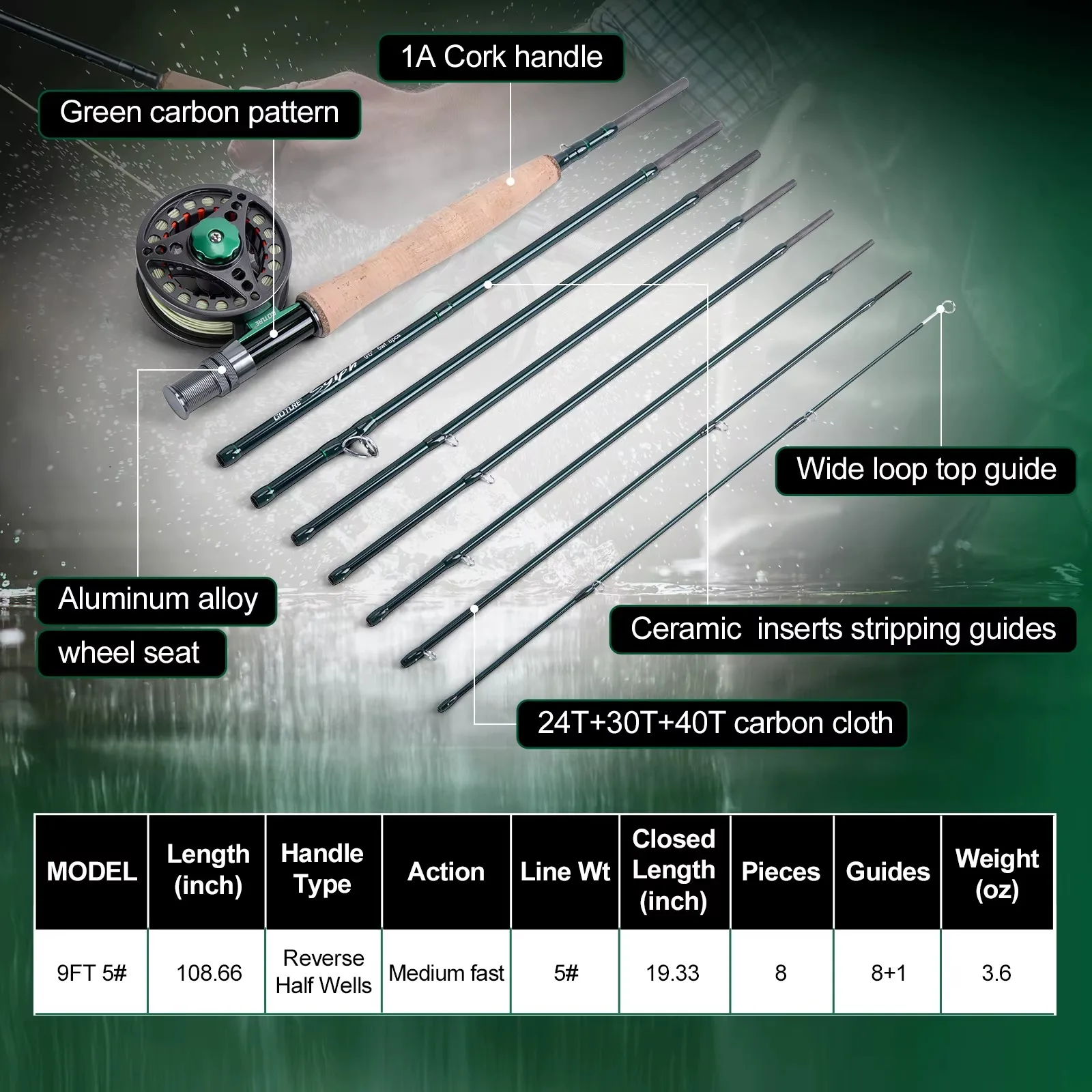 GOTURE Kit completo de equipo de pesca con mosca, caña de carbono profesional + carrete + aparejos completos + bolsa portátil, ligero, fácil de llevar - imagen 4
