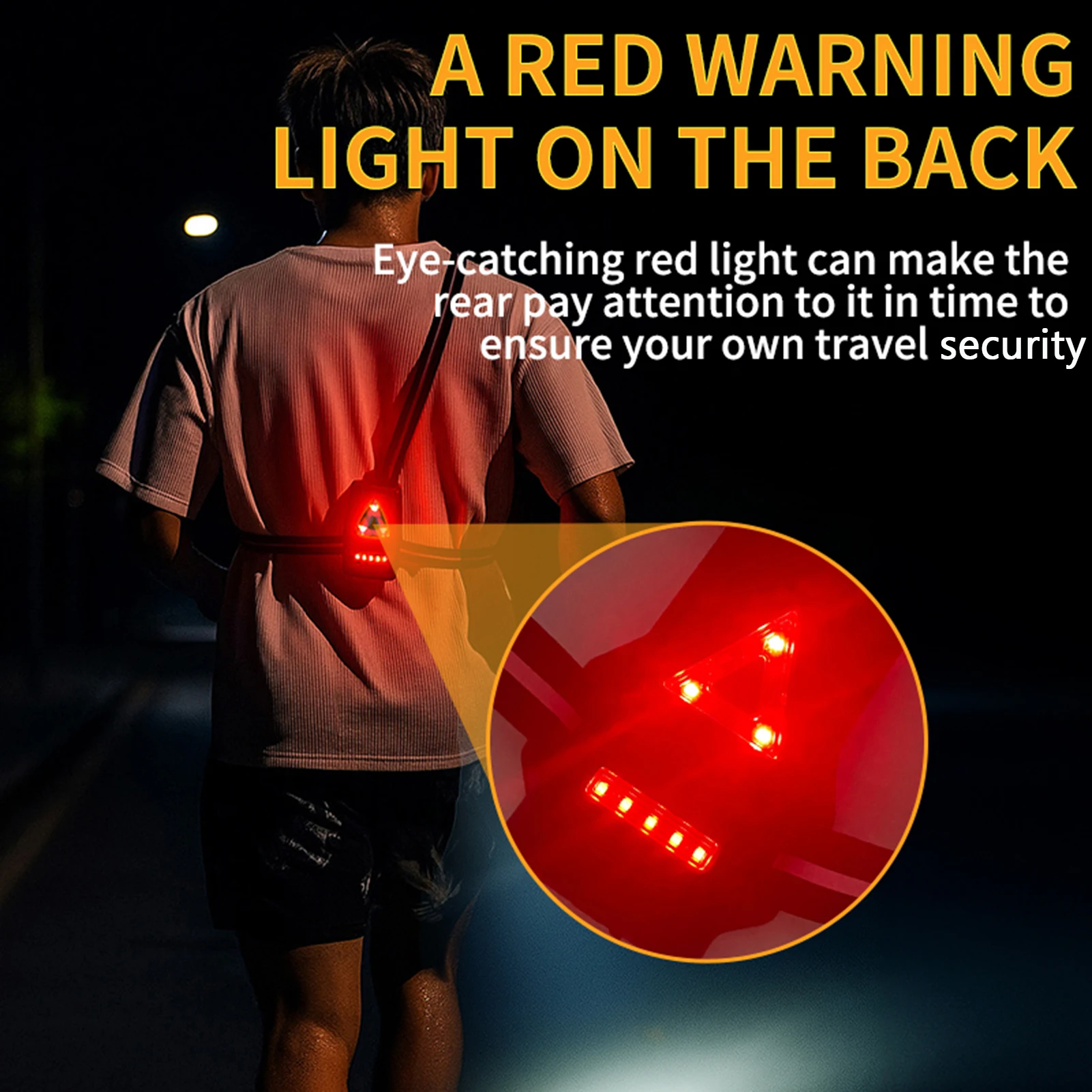 Lámpara LED frontal para el pecho, multilámpara roja de advertencia, recargable por USB, luz para correr de noche, correa reflectante triangular, luz trasera para mochila - imagen 3