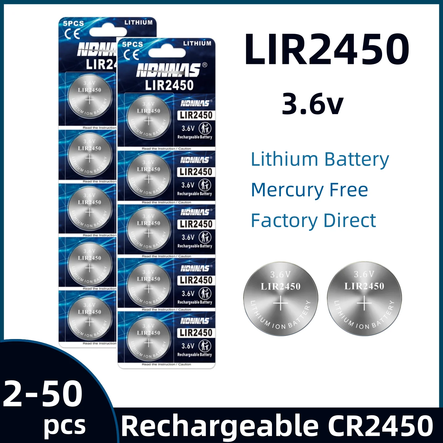 Pila recargable LIR2450 3,6V – Batería botón litio 120mAh - imagen 3
