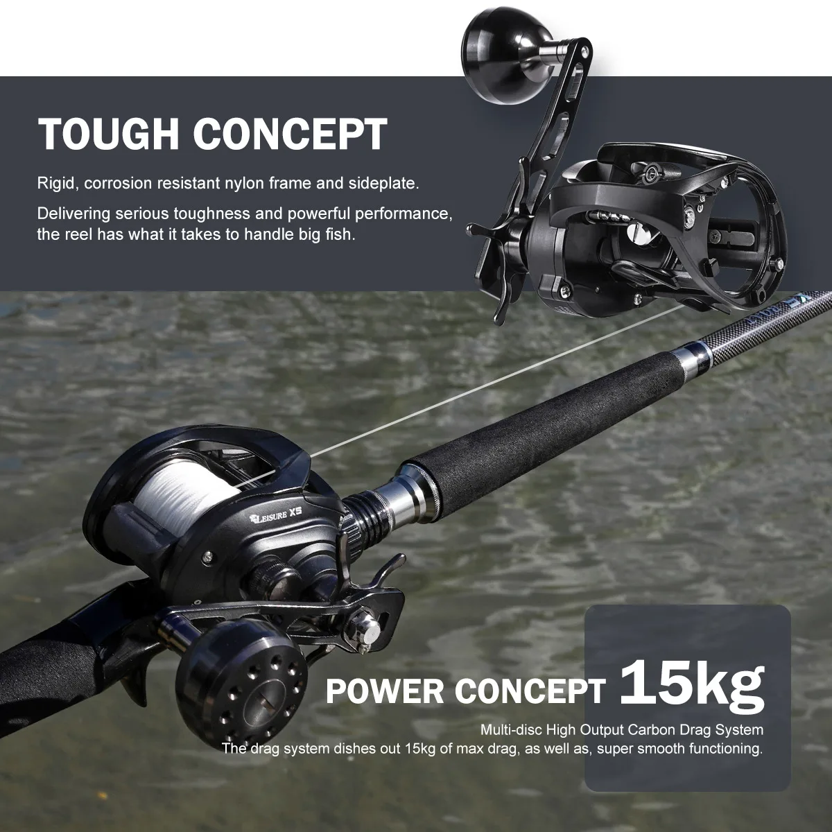 Carrete Noeby Baitcasting, arrastre máximo de 15kg, relación de engranaje 6,4:1, gran capacidad, carbono, acero inoxidable, aluminio, carretes de pesca de Lucio de fundición larga - imagen 3