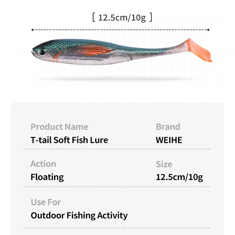 WEIHE 12,5 cm 10g 2 unids/pack 6 colores cola en T señuelo de pez suave señuelo de pesca suave cebo de pesca de PVC flotante realista swimbait - imagen 4