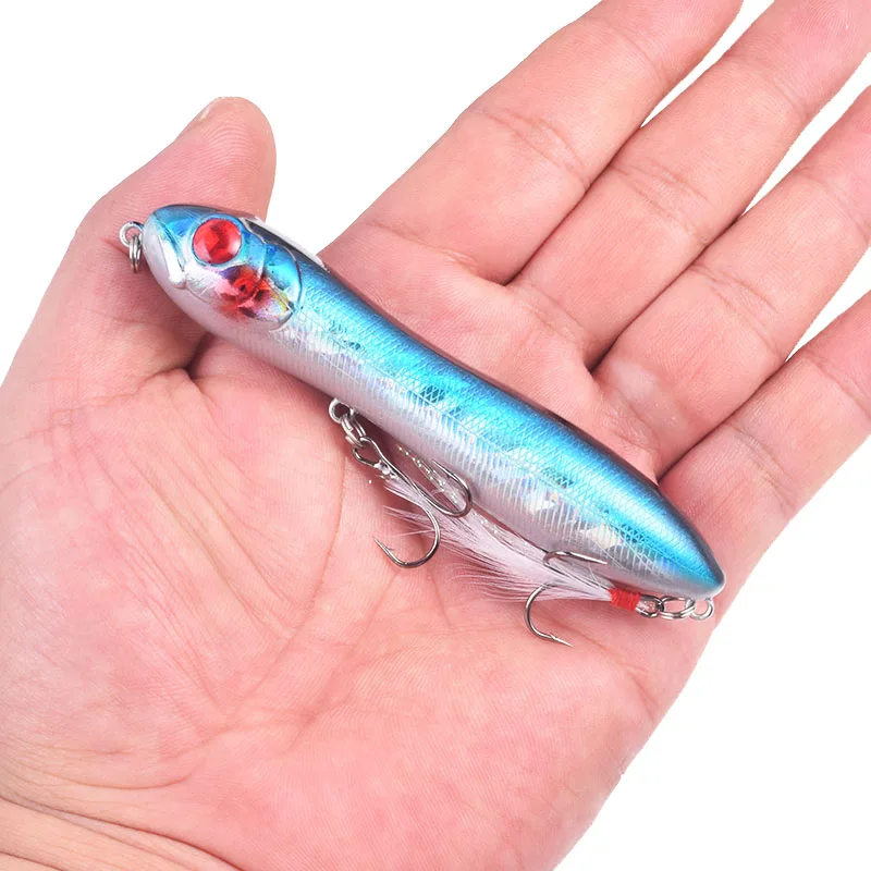 Señuelo de pesca Topwater, 1 pieza, 10 cm, 15,5 g, cabeza de serpiente pencil wobblers, señuelo artificial con 6 anzuelos con plumas, cebo artificial para lubina - imagen 2