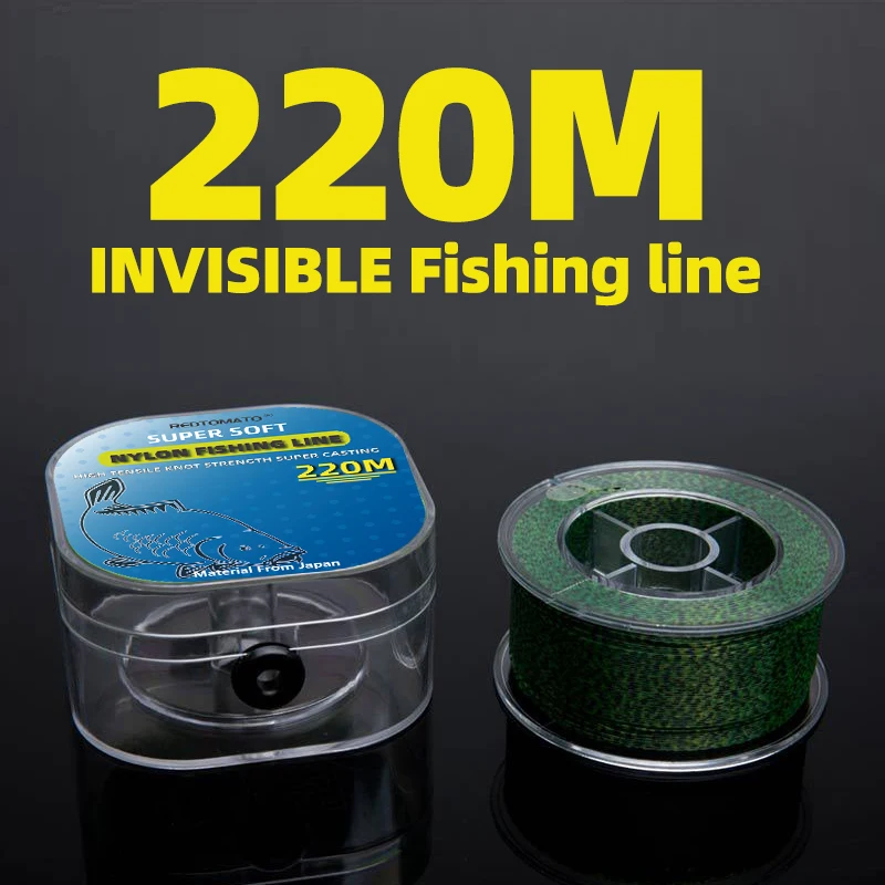 Línea de pesca de monofilamento manchado Invisible de 220M, nailon súper fuerte resistente a la abrasión para pesca en agua dulce y salada