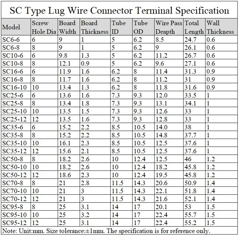 Terminal de punta de cable tipo SC SC6 SC10 SC16 SC25 SC35, terminales de bloque de batería de cobre desnudo, agujero ID6/8/10/12mm, conector de cable de engarce - imagen 5