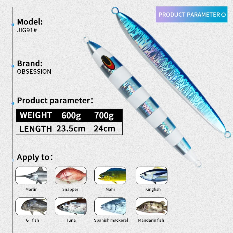 OBSESSION J91 600g 700g Big Weight Sea Boat Fishing Metal Jig Lure Saltwater Sinking Jigging Lure Luminous Laser Coating Jigbait - imagen 2