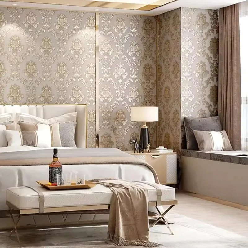 1 rollo de PVC impermeable de 53cm de ancho, papel tapiz dorado antiguo, pegatina de pared del dormitorio para sala de estar, decoración del hogar, papel tapiz europeo - imagen 3