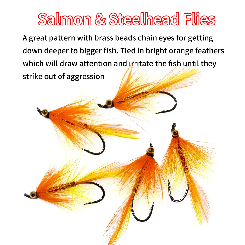 Bimoo 6 piezas # 2 # 4 # 6 moscas de salmón y acero con cadena de cuentas de latón, ojos, gallo naranja, Hackle, hundimiento rápido, señuelo húmedo para moscas - imagen 3